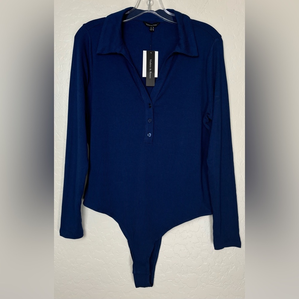 NEW Violets & Roses Navy Blue Ribbed Henley Bodysuit Long Sleeve‎ 1X 0628